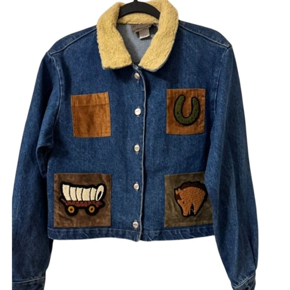 Vintage Roughrider Western Cowboy Embroidered Patches Denim Jacket  M